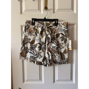 NWT C&C California Women Floral Linen Blend Tie Waist Shorts Beige‎ Blue Size 10